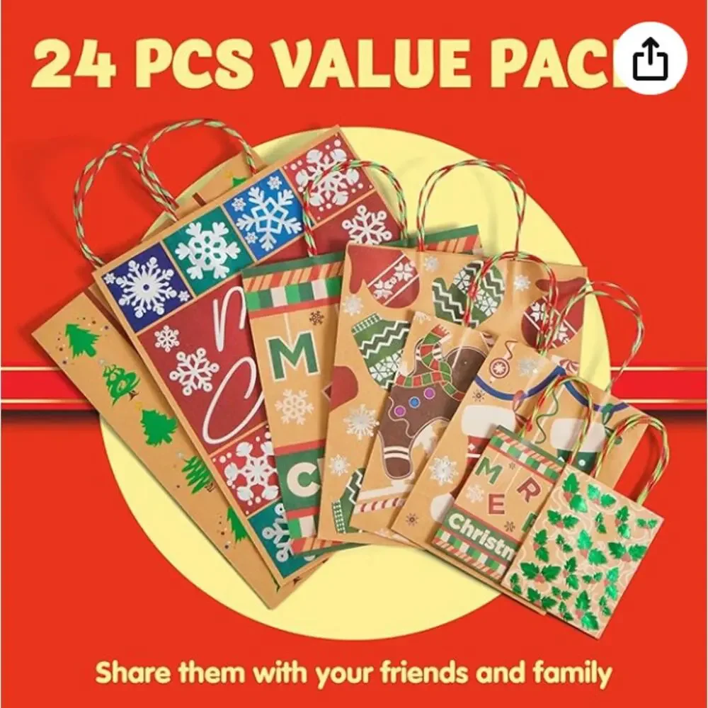 24 Christmas Foil Craft Gift Bags Assorted Sizes with Twine Handles-24 Different